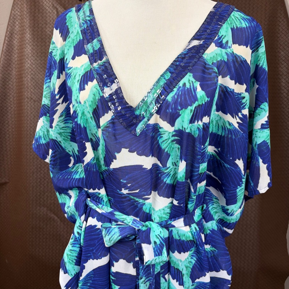 Fantasie Swim Blue Green Tropical Print Sequin V-Neck Kaftan Cover Up Large